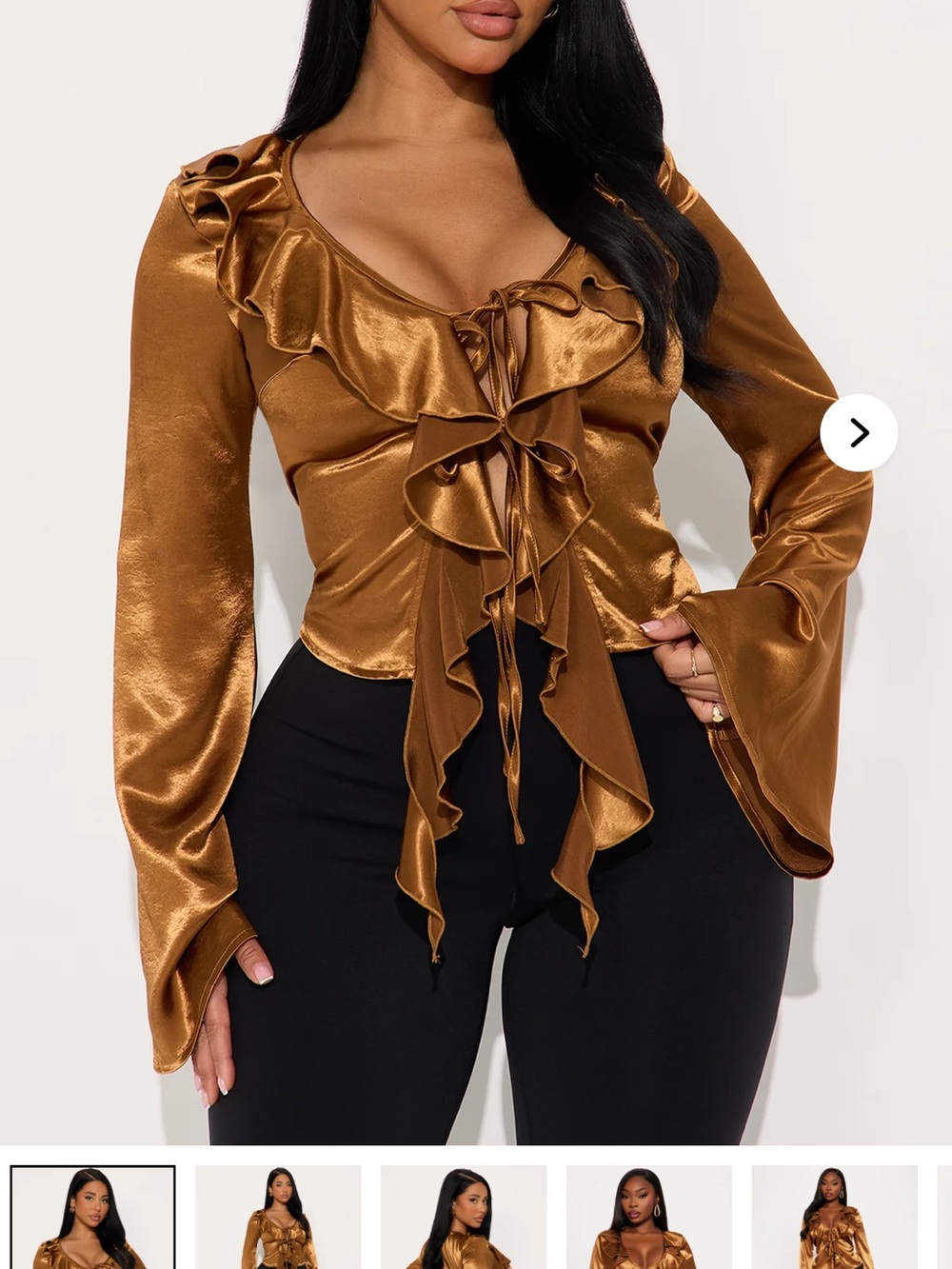 Fashion Nova Bronze Satin Ruffle Tie-Front Blouse